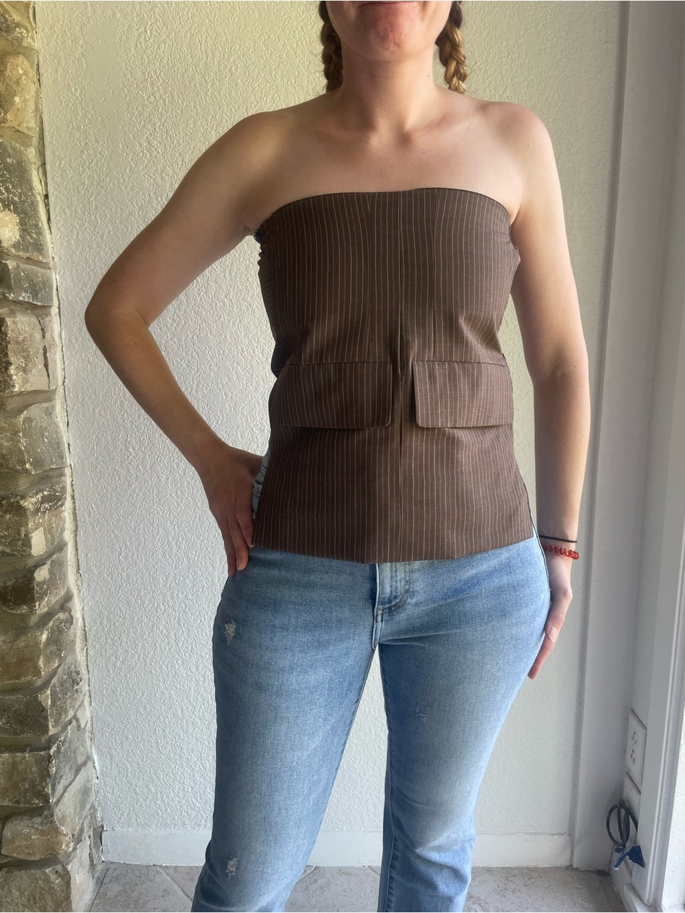 Sleeveless Brown Pinstripe Strapless Tube Top